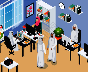 沙特人工作场所现代办公室交流期间用蓝墙等距构图矢量插图沙特人办公室的成背景图片