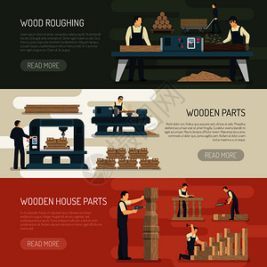 家具工厂车间木工水平横幅木工木匠人物木制零件与文字阅读更多的按钮矢量插图木头粗糙的水平横幅插画