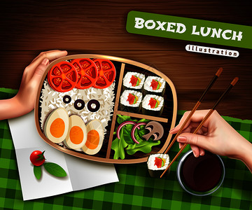 盒装寿司盒装午餐与亚洲食物绿色布女手与筷子滚动矢量插图盒装午餐插图插画