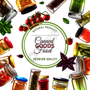 罐头食品框架与标签,鱼产品,水果,蔬菜璃瓶白色背景矢量插图罐头食品框架插图图片