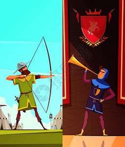中世纪垂直卡通横幅喇叭鼓风机下的大衣弓箭手矢量插图中世纪垂直卡通横幅图片