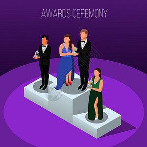颁奖典礼图片颁奖典礼等距构图与轻的明星基座上与奖品紫色背景矢量插图颁奖典礼等距构图插画