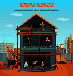 房屋建筑,场景与工人,专业工具,建筑设备蓝天背景矢量插图建筑工人插图图片
