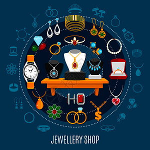 珠宝模板珠宝店圆形构图与女男装饰,包括手表蓝色背景矢量插图珠宝店圆形构图插画