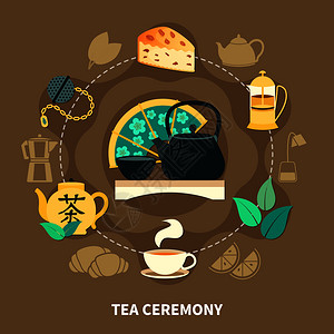 圆茶茶道圆形构图与杯子,茶壶,过滤器,绿叶,糕点棕色背景平矢量插图茶道圆形构图插画