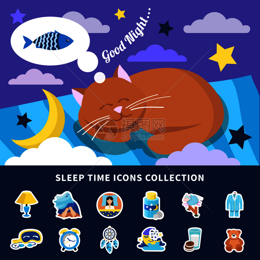 睡眠时间平图标收集与夜梦红猫横幅卧室装饰贴纸孤立矢量插图睡眠时间平图标集合图片