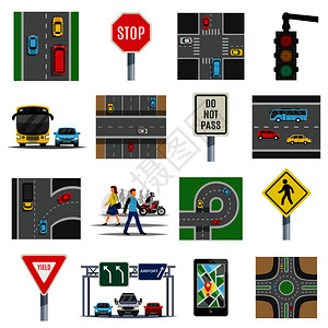 行人标志交通灯标志条例道路交叉口安全规则行人过路平图标收集孤立矢量插图交通标志平图标收集插画