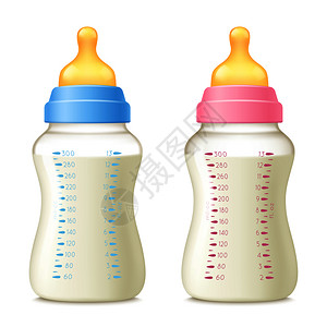 两个婴儿逼真的婴儿奶瓶奶套两个吸吮瓶真实图像与烧杯阴影矢量插图婴儿吸吮瓶套装插画
