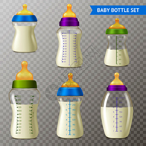 真实的婴儿瓶透明与图像吸吮瓶充满牛奶透明的背景矢量插图婴儿瓶透明套装图片