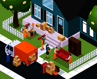 家具物流搬迁等距成与人东西附近的房子,装载家具箱子卡车矢量插图搬迁等距成插画
