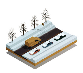 冬天卡车冬季道路与骑皮卡汽车停路边雪等距构图矢量插图冬季道路景观等距成插画
