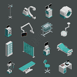 病房图标医院医疗设备等距图标收集与手术台病人床信息MRI扫描仪分离矢量插图医院设备等距图标插画