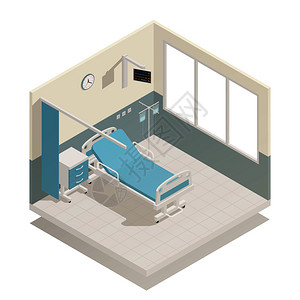 医院病房与医疗设备家具等距成与床输液房间划分窗帘矢量插图医院病房设备等距成背景图片