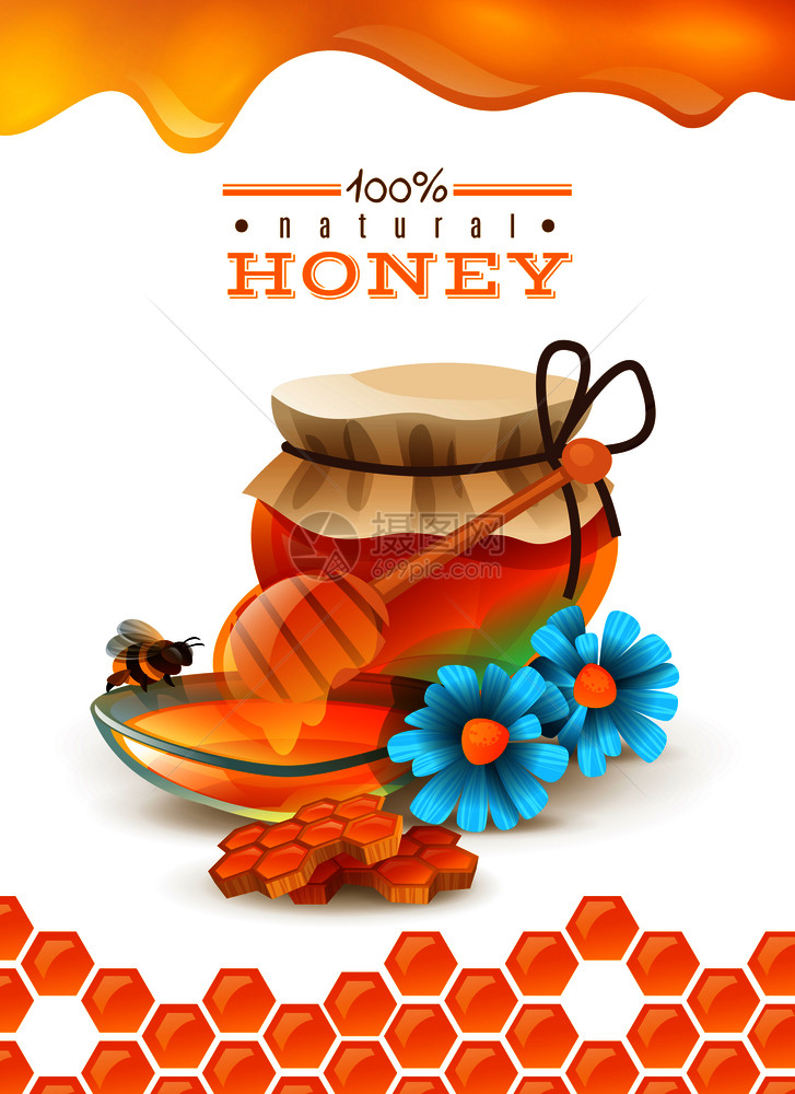 天然蜂蜜广告海报与蜜蜂,蜂窝,花,茶托罐子与产品,六角装饰矢量插图天然蜂蜜海报图片