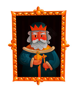 陛下卡通肖像国王皇冠与球体权杖黄金框架孤立矢量插图国王卡通肖像插画