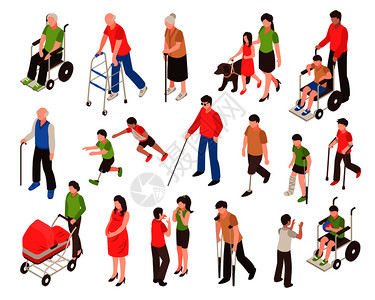 残疾人设施等距残疾人轮椅,假肢,盲人老人矢量插图残疾人等距装置插画