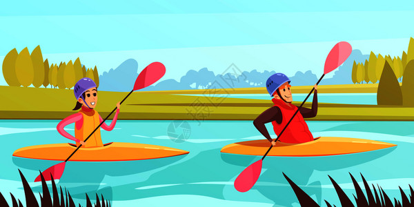 两个人打电话两个人划艇上水上运动,河流卡通矢量插图上水上运动插图插画