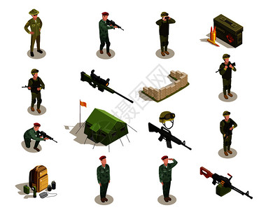 狙击手队人员事装备,个人物品,弹药,等距图标收集与人制服孤立矢量插图队事等距元素集插画
