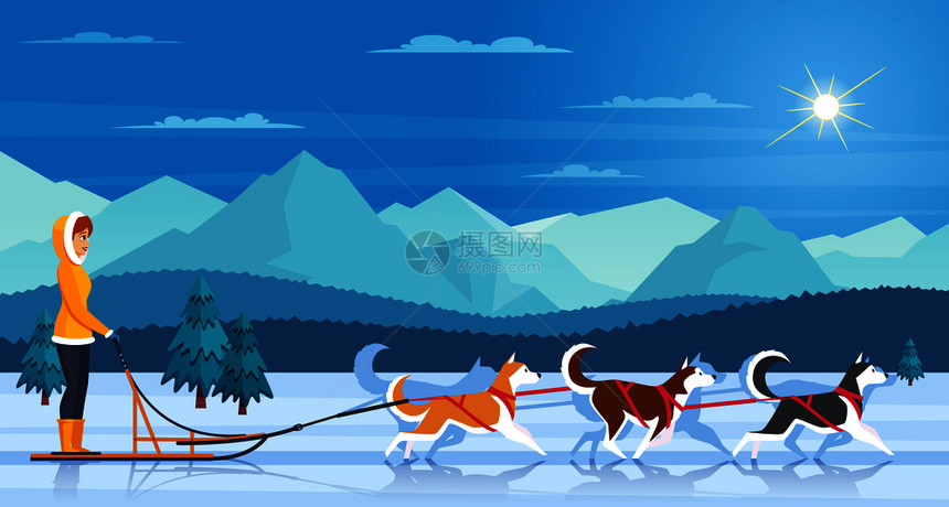 雪橇哈士奇与山树,太阳马舍平矢量插图雪橇哈士奇插图图片