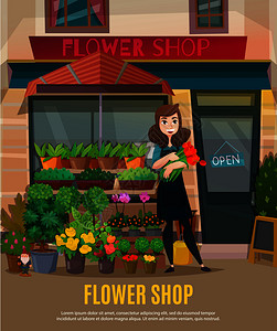 花店与鲜花收集店员符号平矢量插图花店插图背景图片