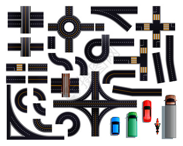 十字标记套带路边标记的道路部分,包括交叉口路口人行横道桥梁车辆隔离矢量图道路零件车辆插画