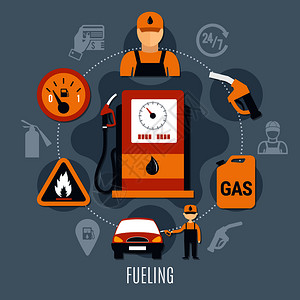 燃料加注燃油泵与图标集结合大圆平元素矢量插图燃油泵的插画