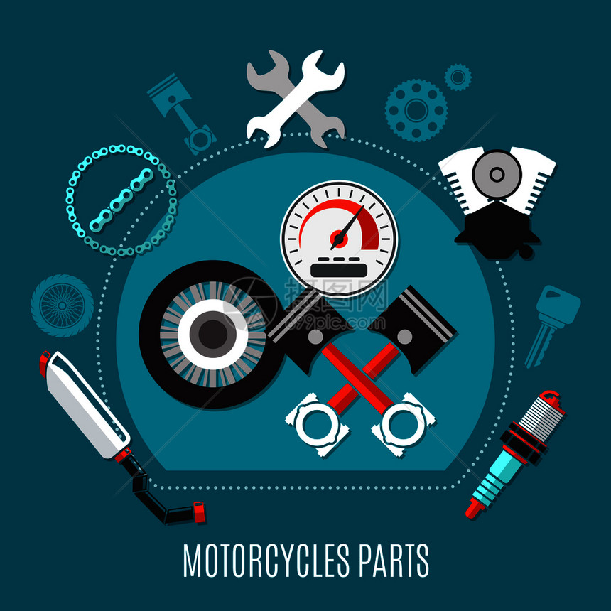 摩托车零件与速度计轮胎活塞排气消声器火花塞发动机装饰图标平矢量插图摩托车零件理念图片