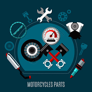 摩托车零件与速度计轮胎活塞排气消声器火花塞发动机装饰图标平矢量插图摩托车零件理念背景图片