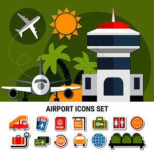 地标控制塔航空旅行平横幅与机场交通控制塔乘客服务符号图标矢量插图机场服务平图标插画