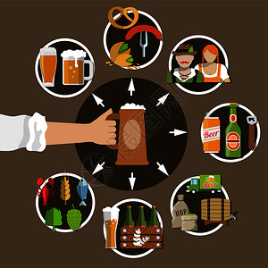 平啤酒生产小吃人们穿着啤酒节服装图标矢量插图啤酒平图标图片