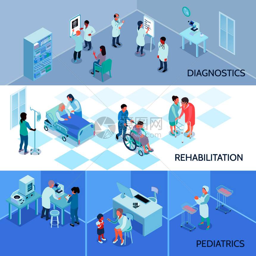 医院工作人员水平横幅与诊断康复儿科等距成矢量插图医院工作人员等距水平横幅图片