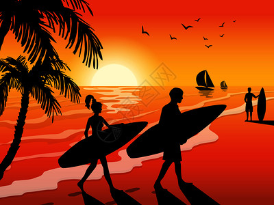 冲浪者与冲浪板日落海滩帆船鸟类棕榈树背景矢量插图冲浪者海滩日落背景图片