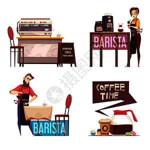 咖啡屋2x2理念与咖啡师咖啡时间折扣广告合平矢量插图咖啡屋2x2理念图片