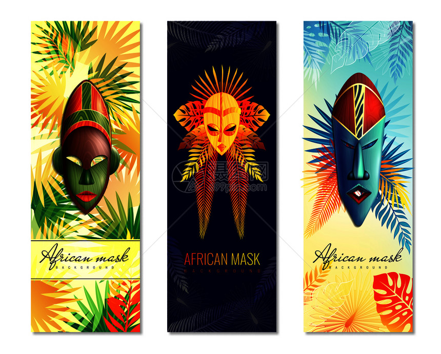 套三个非洲垂直横幅,带民族具,用于鬼舞五颜六色的树叶矢量插图非洲节日垂直横幅图片