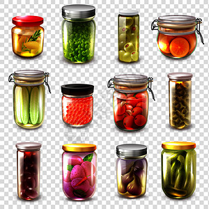 透明罐子套罐头食品,包括大蒜,橄榄,西红柿,橘子,鱼子酱,黄瓜透明背景矢量插图上分离罐头商品透明背景插画