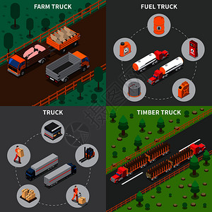 重型汽车等距与卡车的农场,木材燃料,货物运输矢量插图重型汽车等距图片