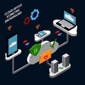 云办公室技术等距背景与数据库符号矢量插图云办公室技术等距背景背景图片