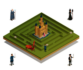 迷宫图童话迷宫游戏与中世纪城堡女巫士兵骑士龙图等距构图矢量插图童话游戏等距构图插画