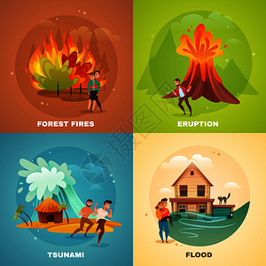 火灾图标自然灾害与森林火灾,火山爆发,海啸,洪水隔离的彩色背景矢量插图自然灾害理念插画