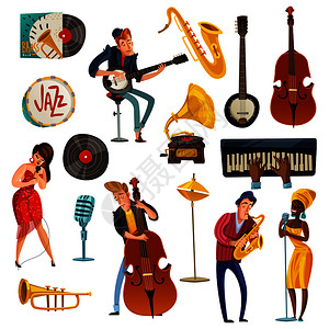爵士乐卡通集与歌手穿着明亮的衣服,表演者萨克斯,大提琴,卓琴孤立矢量插图爵士音乐卡通集背景图片