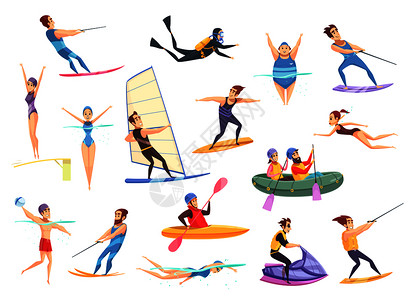 卡通集的男女各种水上运动隔离白色背景矢量插图水上运动套装背景图片