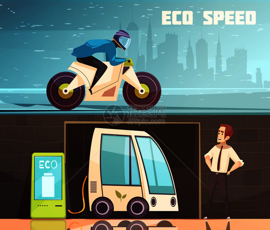 城市生态清洁交通2横幅卡通横幅充电电动汽车绿色摩托车矢量插图城市生态交通横向横幅图片