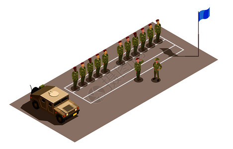 军事基地事特遣队排与师长敬礼向上级官等距成与队通用车辆矢量插图事师役等距成插画
