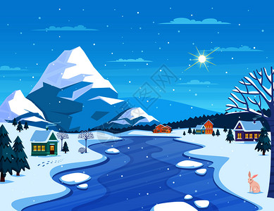 冬季景观城镇与山脉冰冻河流平矢量插图冬季景观城镇插图图片