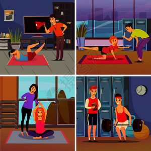 ABS个人运动教练正交与举重,瑜伽,体育锻炼健身房孤立矢量插图个人运动教练正交插画