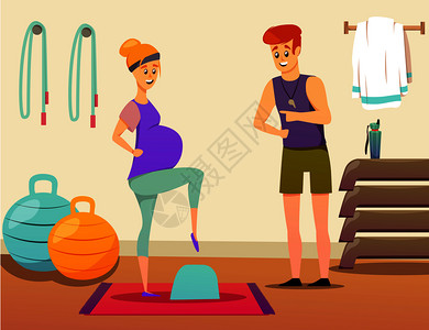 与孕妇台阶平台上锻炼时与个人运动教练健身房矢量插图中的构图孕妇运动指导员成背景图片