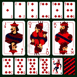 游戏卡片套扑克扑克牌,钻石套装,加上小丑扑克牌背的绿色背景孤立矢量插图扑克扑克牌钻石套装插画