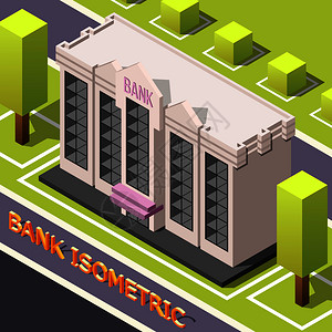城市银行等距会计背景与城市街道风景立方树银行总部大楼与文本矢量插图银行总部等距背景插画