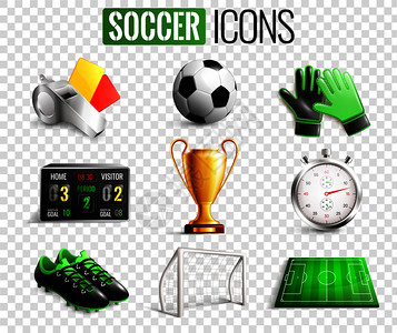 裁判员设备足球图标与裁判象,目标,奖杯,球,靴子隔离透明的背景矢量插图足球图标透明背景集插画