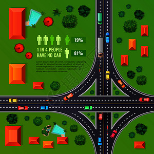 车道标记交叉道路与标记顶部视图与车辆,建筑物,树木,信息元素绿色背景矢量插图交叉路顶部视图插图插画